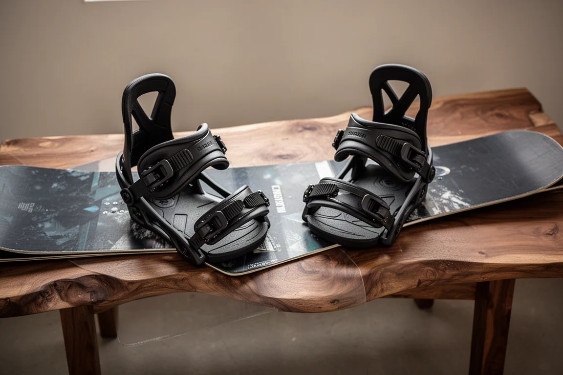 Snowboard bindings mounted on a board top sheet on a wooden bench