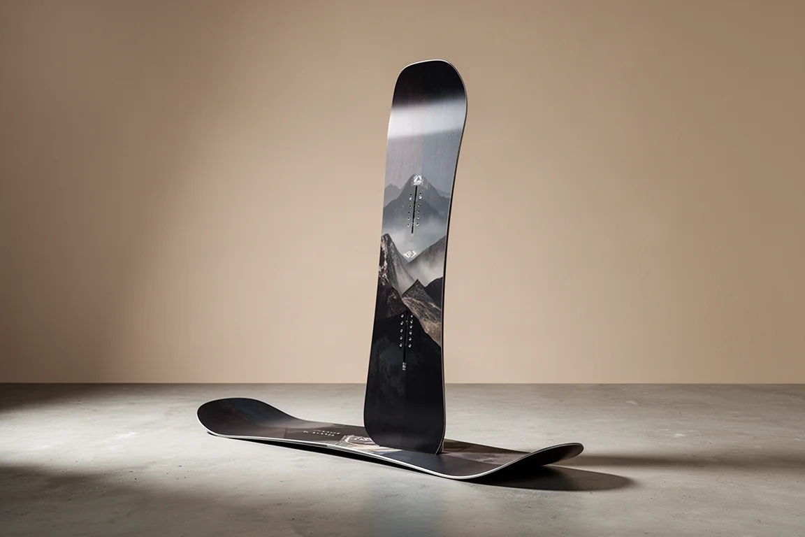 Directional freeride snowboard standing upright on a concrete surface