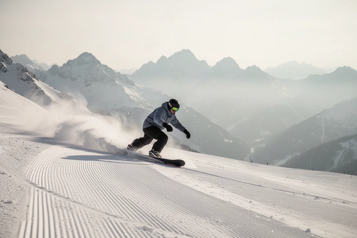 Snowboarder zieht bei weichem Licht eine saubere Kurve über eine präparierte Piste