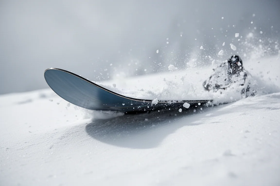 Nahaufnahme einer Snowboard-Kante, die sich bei einem Carve in festen Schnee gräbt