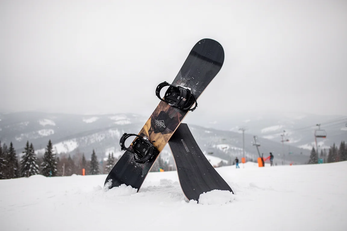 Snowboard auf dem Tail im Schnee ruhend, Nose angehoben, am Beginn einer Abfahrt