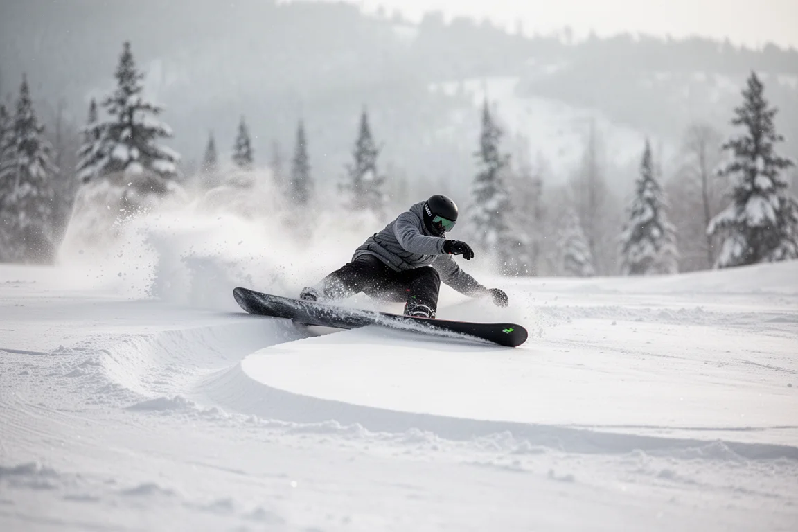 Snowboarder legt sich in einen weiten High-Speed-Carve auf einer Hartpiste