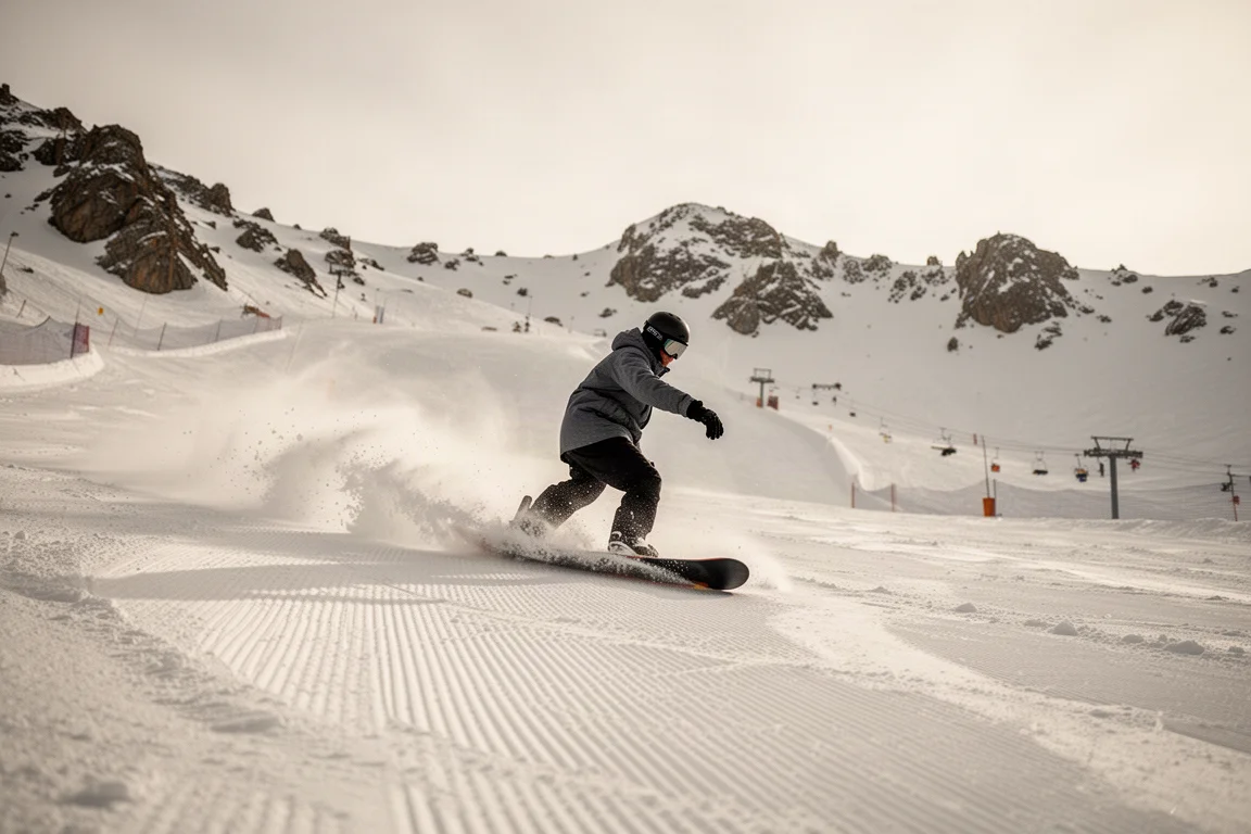 Snowboardeur arpenter une large courbe dans la neige fondante molle sur une piste de station ensoleillée
