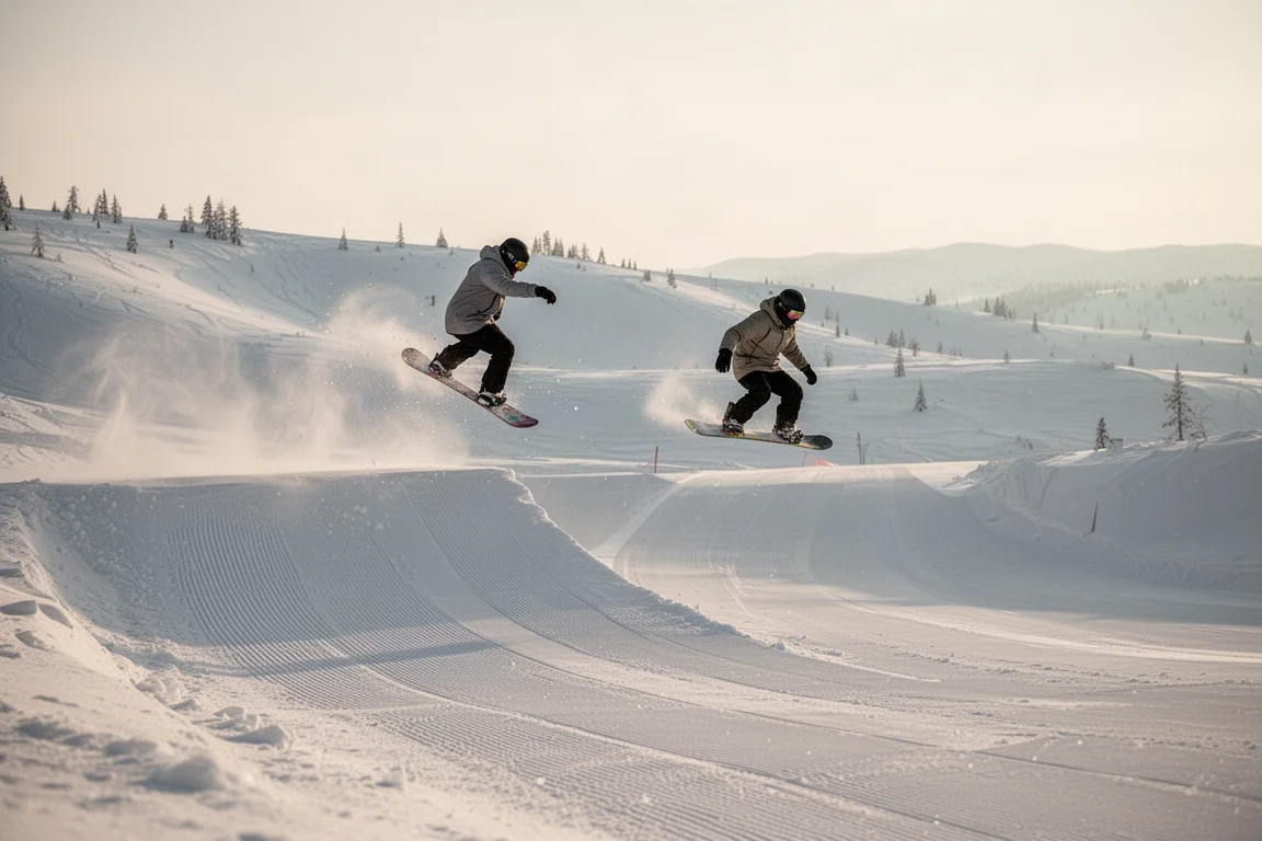 Snowboardeur prenant un petit side hit à côté d'une cat track avec de la poudreuse fraîche au loin