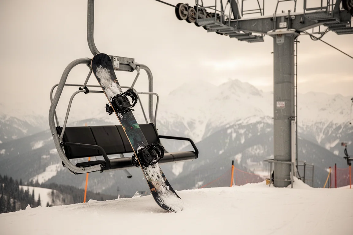 Snowboard appuyé contre la structure d'un télésiège avec des sommets enneigés en arrière-plan