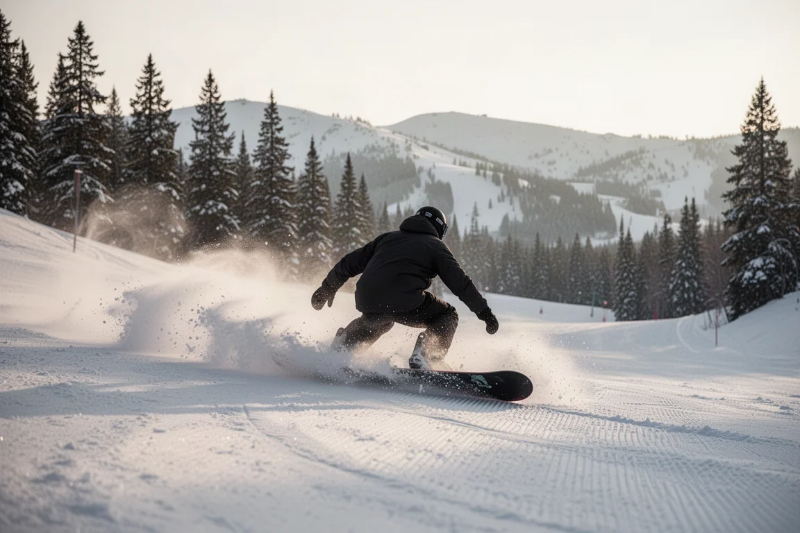 Snowboarder carving through soft snow on a wide open slope