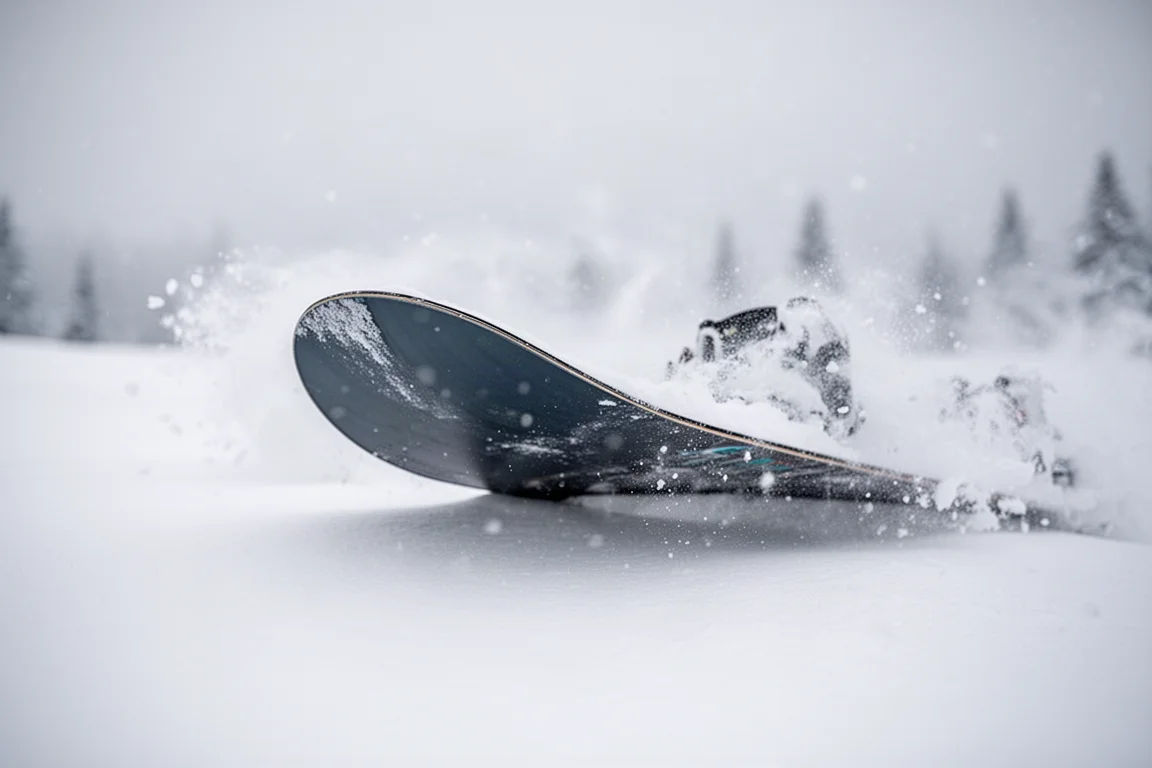 Snowboard tail pressed into snow during a butter maneuver