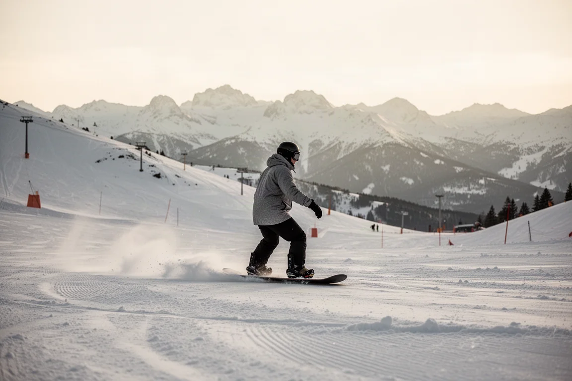 Snowboarder carving on a smooth groomed run at dusk