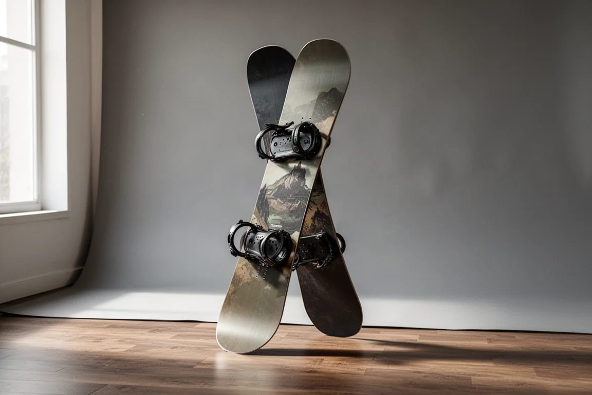 Korua Otto snowboard standing upright on a concrete surface