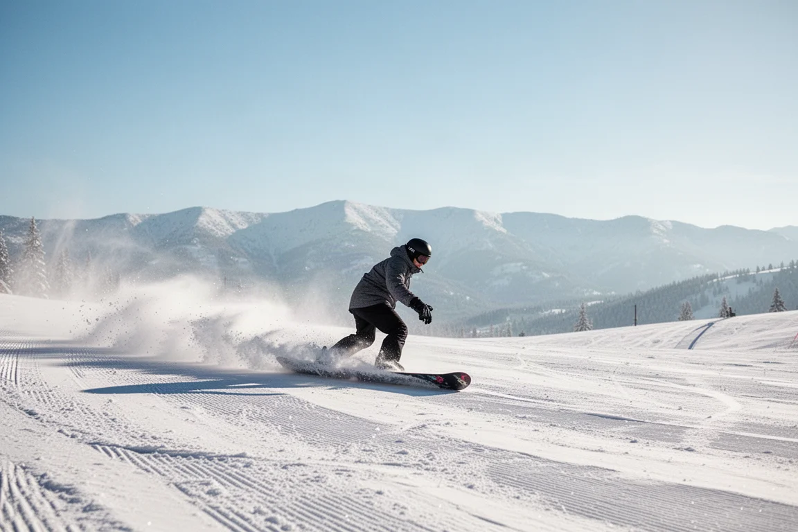 Snowboardeur en train de tailler un large virage sur une piste damée ensoleillée