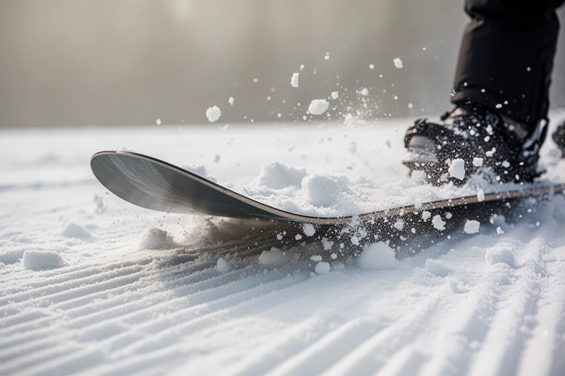 Nose d'un snowboard flottant au-dessus de neige croûtée et de congères résiduelles