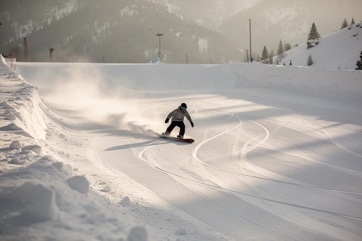 Rider descendant une piste damée vide en pente douce sous une lumière d'après-midi douce