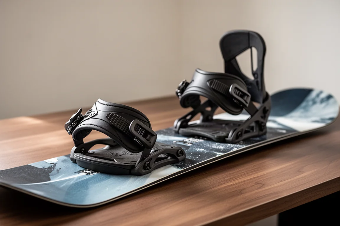Fixations de snowboard montées sur le dessus d'une planche, gros plan