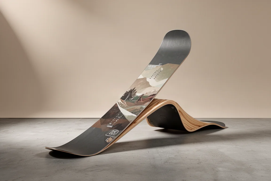 Planche de snowboard freeride directionnelle avec nose à rocker posée sur un sol en béton