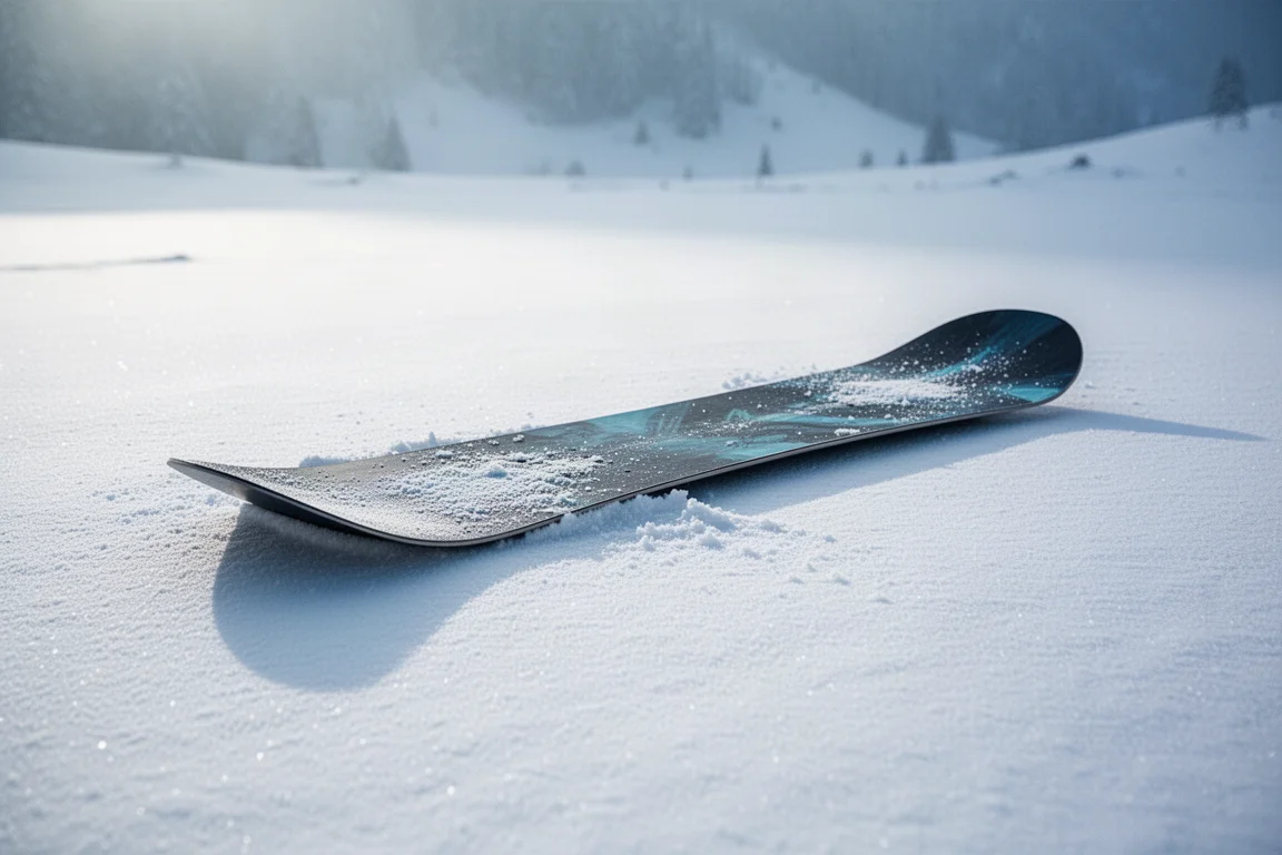 Krótki, szeroki snowboard do puchu ze stępionym nosem leżący na świeżym śniegu