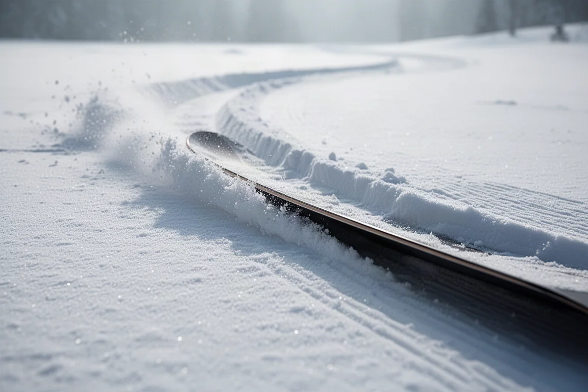 Krawędź snowboardu wycinająca rynnę w ubitym, przygotowanym śniegu
