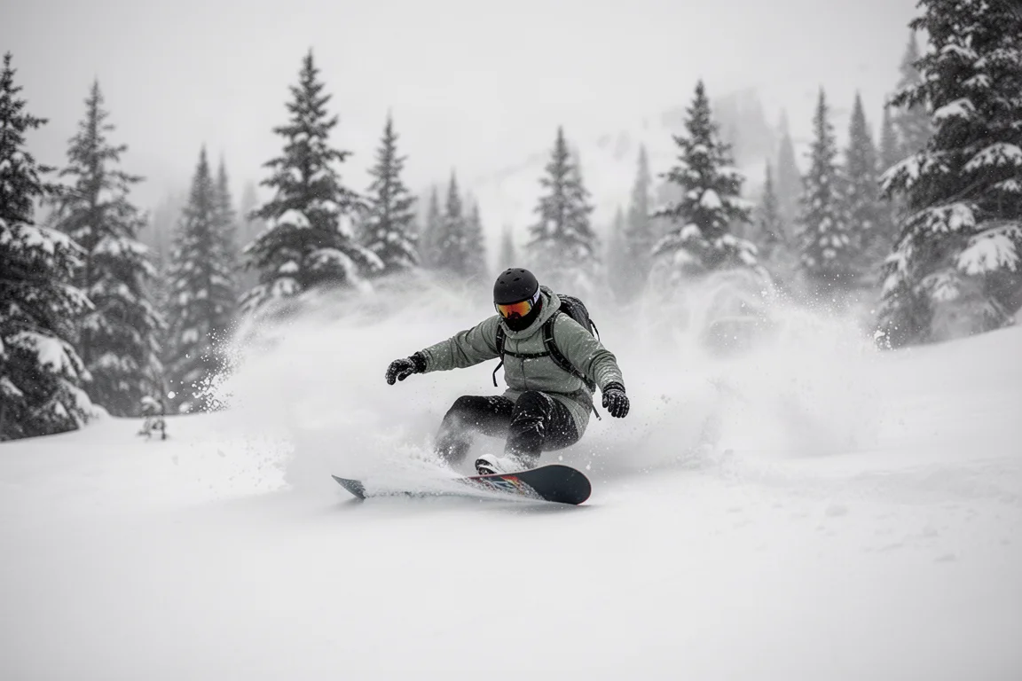 Snowboardzista pędzący przez głęboki puch z fontanną śniegu