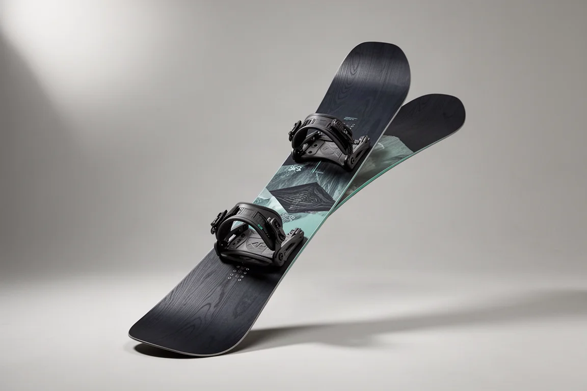 Korua Shapes Auto Plus snowboard with bindings on a neutral grey studio backdrop