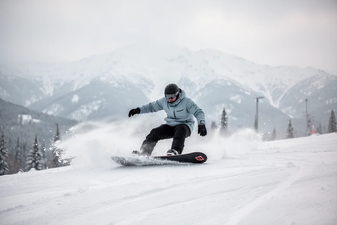 Snowboarder che intaglia una curva fluida su una pista compatta battuta
