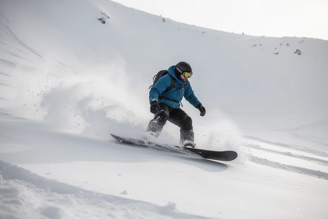 Snowboard che plana nella neve fresca profonda