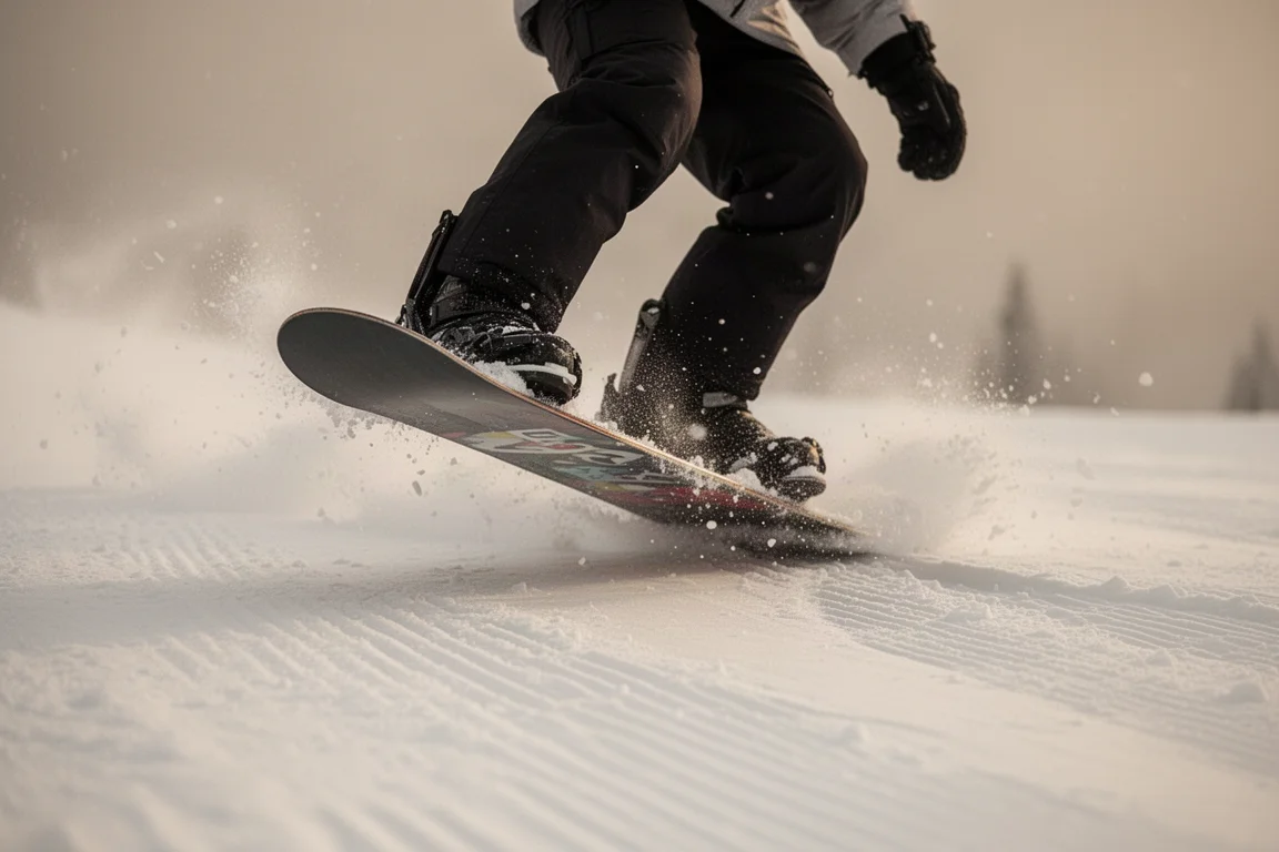 Rider che preme il lungo nose di uno snowboard in un nollie