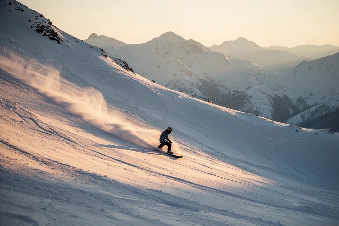 Snowboarder che scende in un ripido bacino alpino all'ora dorata