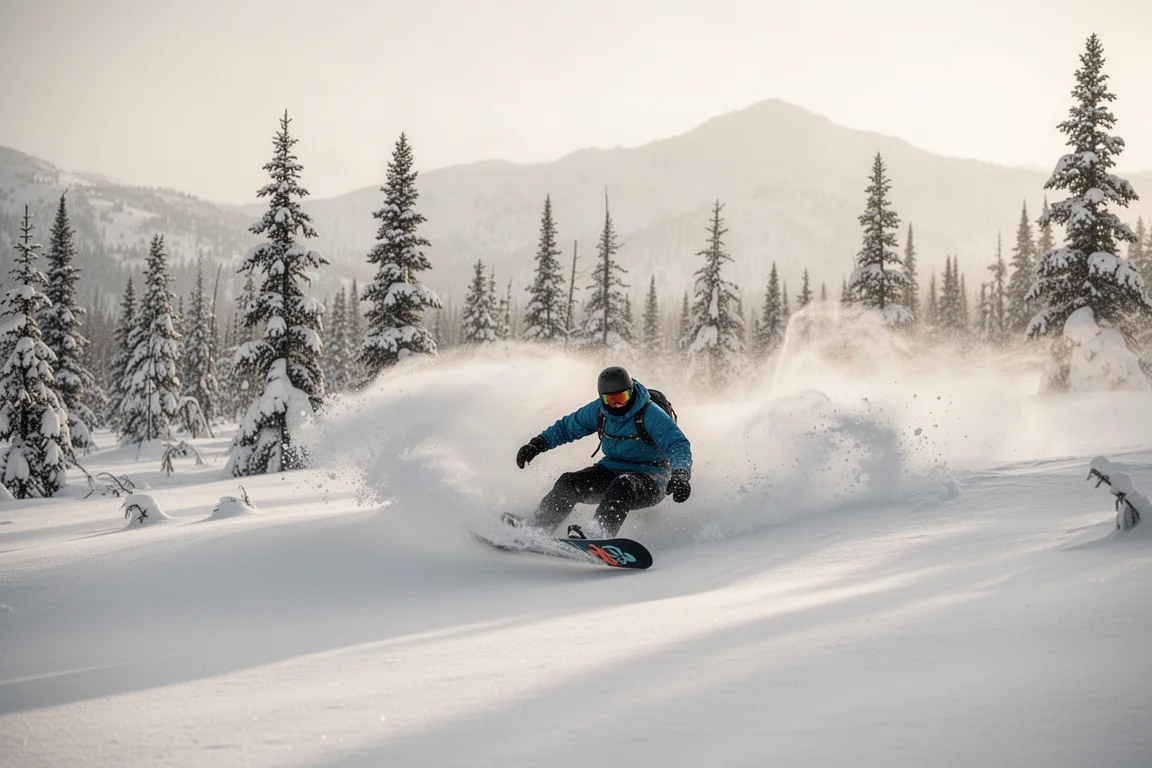 Freeride snowboarder carving a tight turn through fresh powder in trees