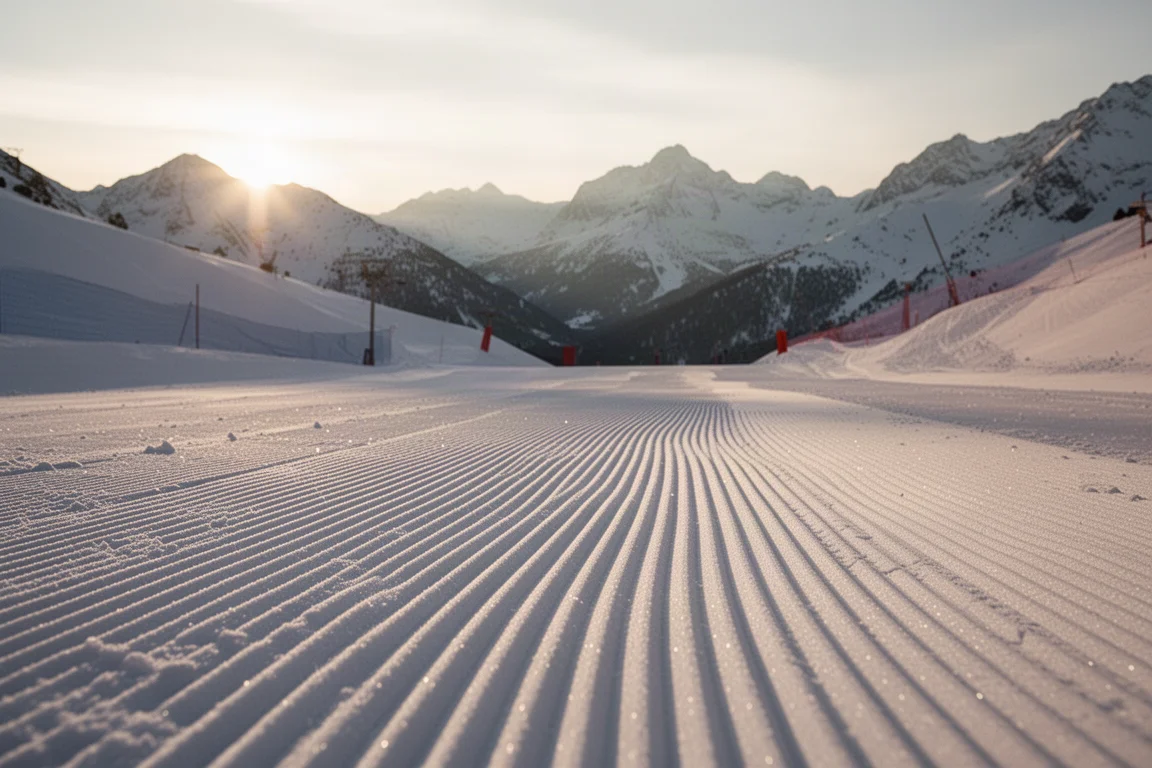 Corduroy groomer piste at sunrise with clean carve lines
