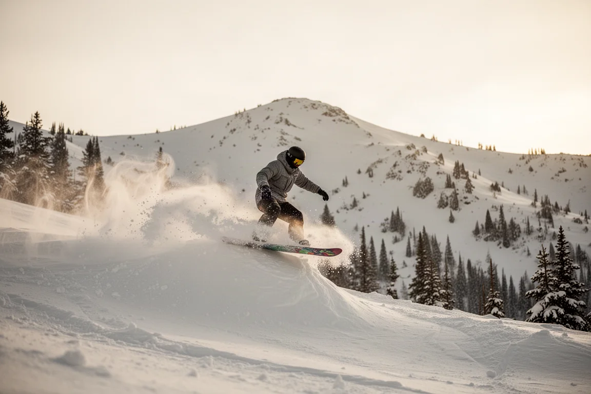 Rider slashing a small wind lip in soft powder light