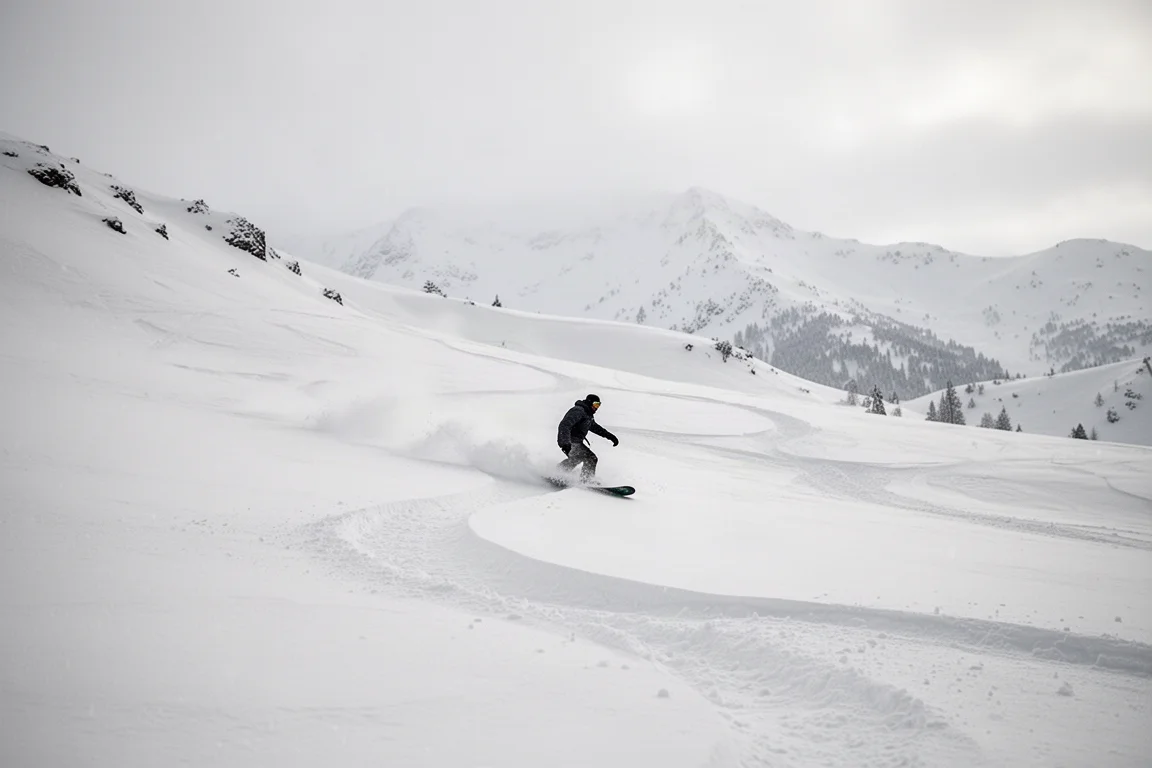 Snowboarder riding bottomless powder down an open alpine face