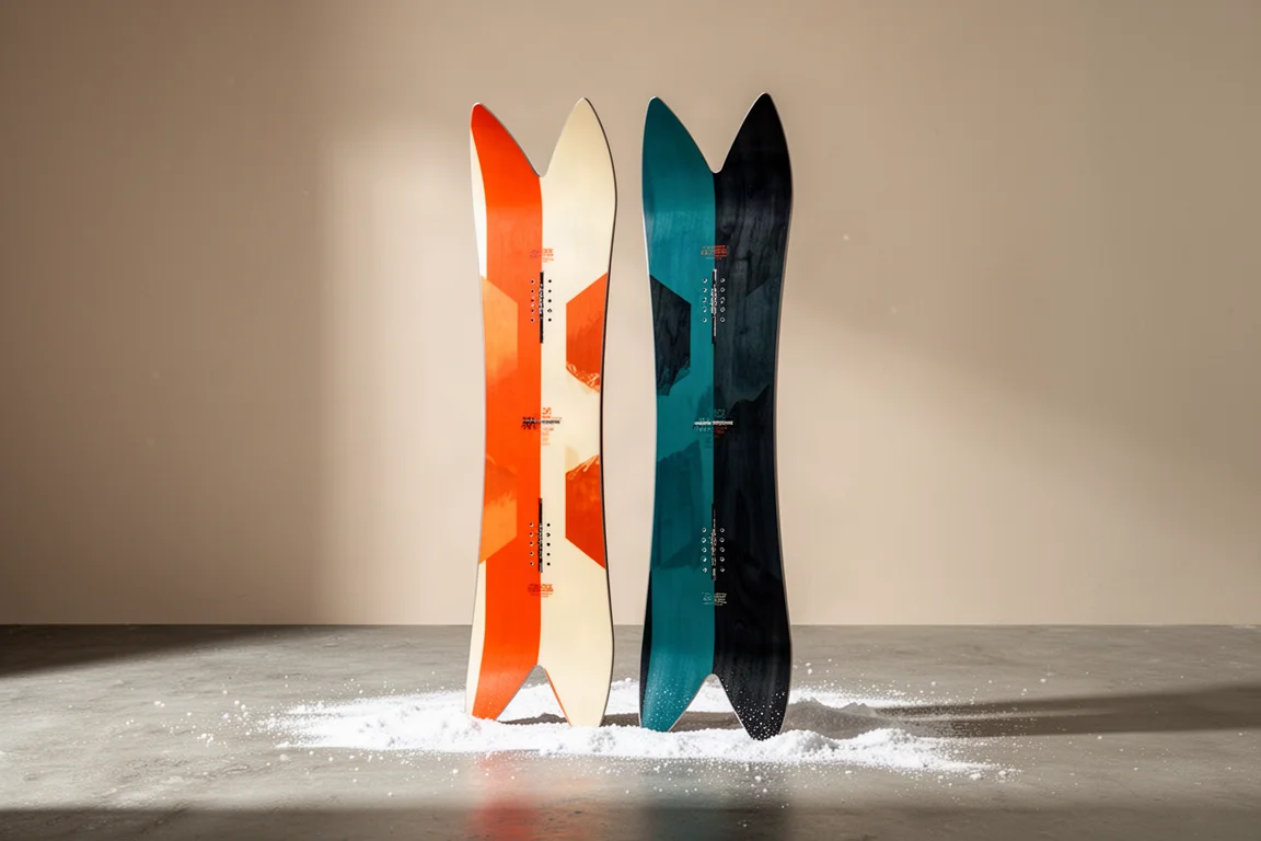 Two Korua Shapes swallow-tail freeride snowboards standing side by side