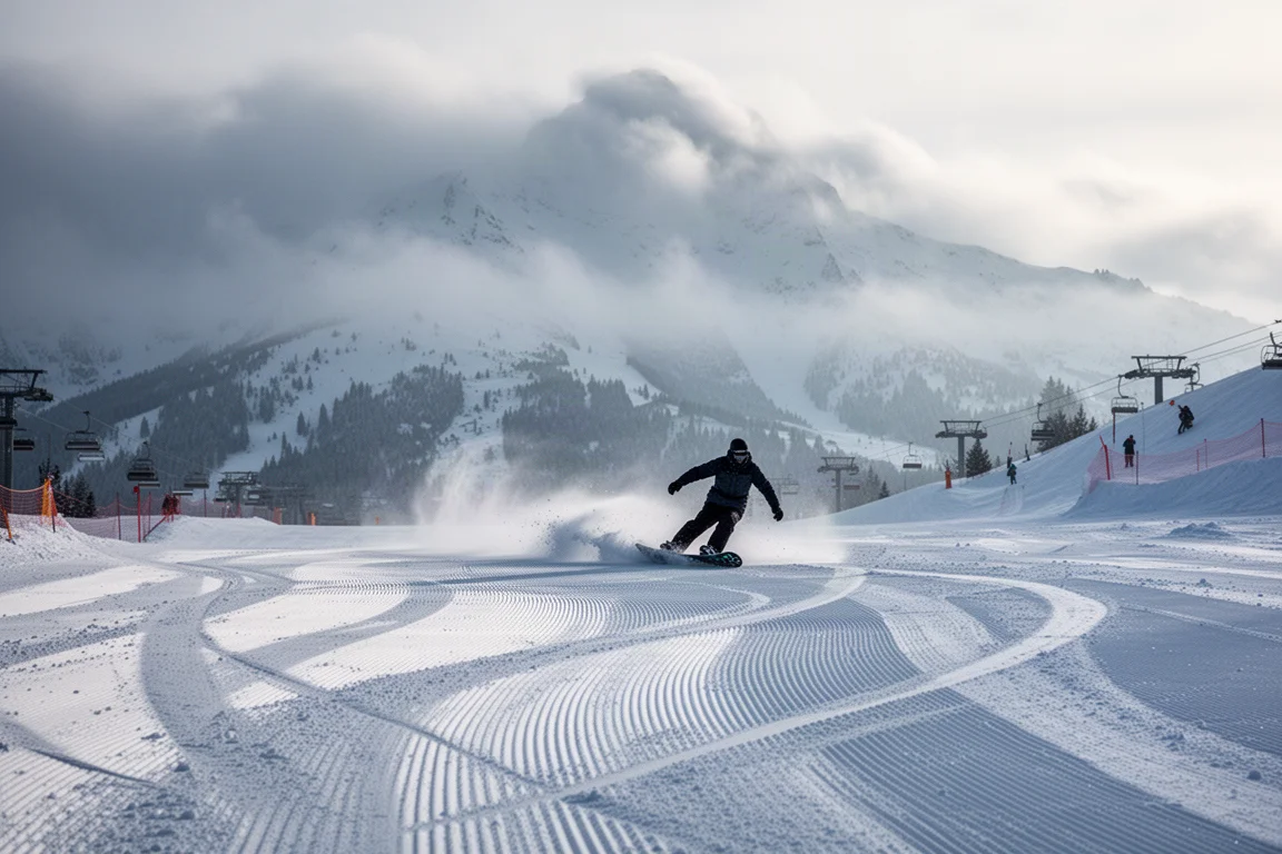 Piste in einem Alpenresort bei kaltem Morgenlicht mit frischen Präparierspuren und wirbelnden Wolken
