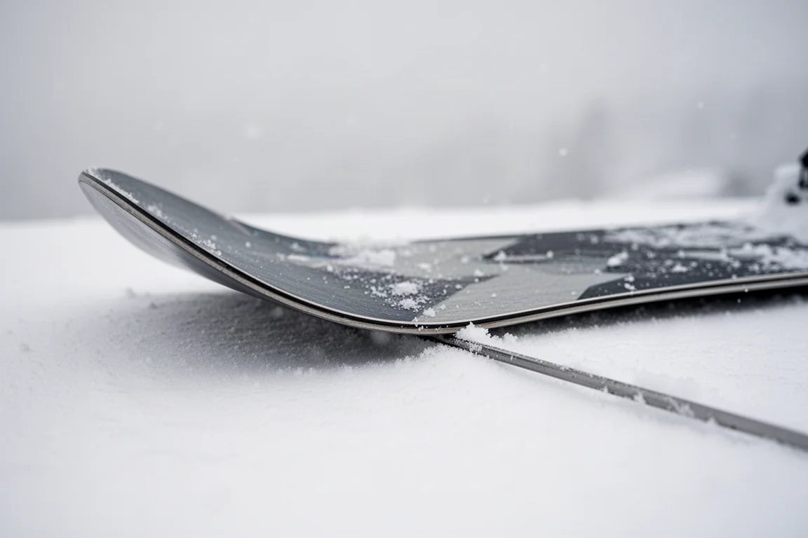 Nahaufnahme eines Snowboard-Profils auf festem Schnee mit Rocker-Nose und Camber