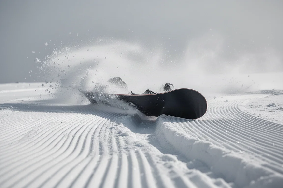 Ansicht von unten auf eine Snowboard-Kante im Carve-Schwung mit aufspritzendem Schnee