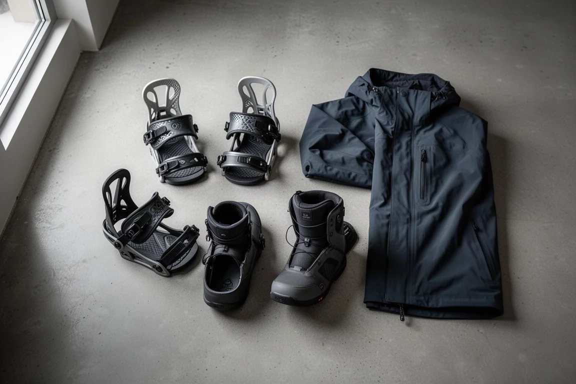 Draufsicht auf Freeride-Bindungen und Snowboard-Boots auf Beton