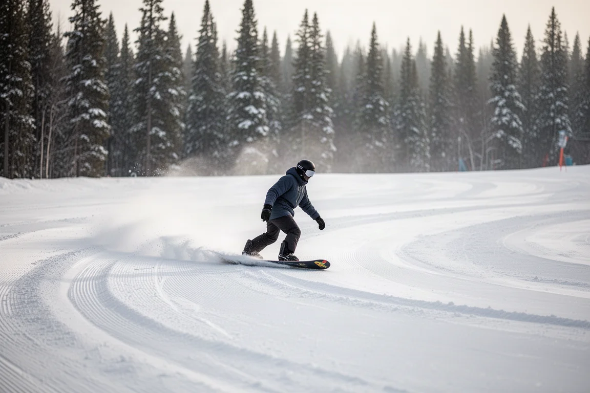 Un snowboarder carvinga un giro amplio y barrido por una pista vacía y preparada del resort con luz de la mañana