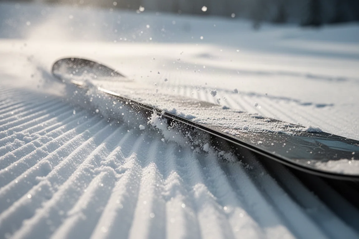 Primer plano del canto de una tabla de snowboard cortando el corduroy fresco con cristales de nieve levantándose