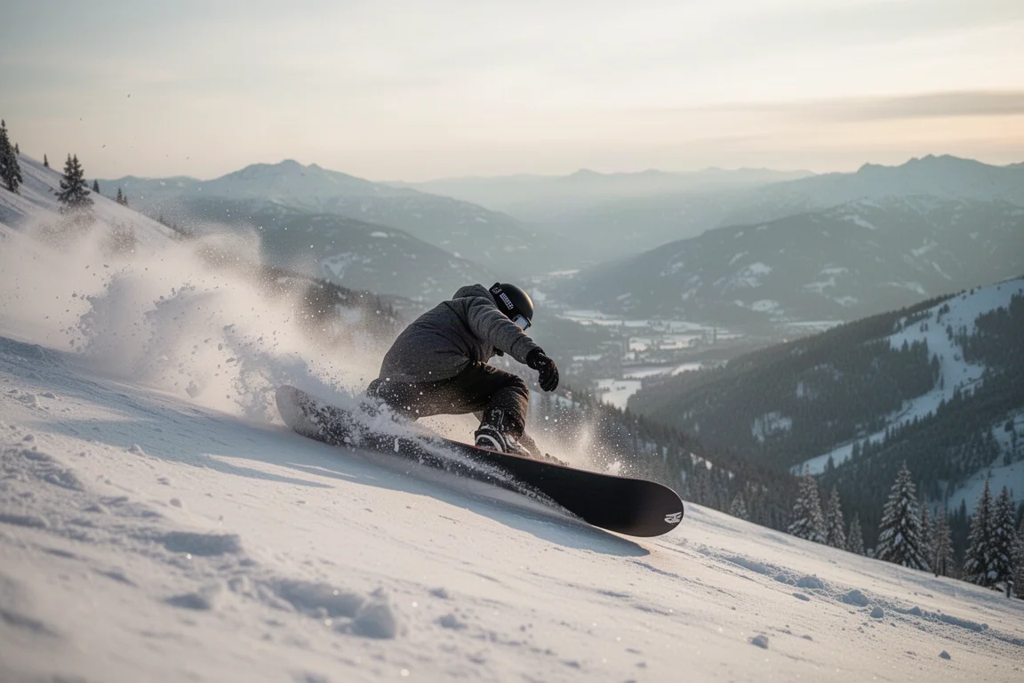 Un snowboarder inclina la tabla completamente sobre el canto en un carve profundo con un arco de nieve salpicando