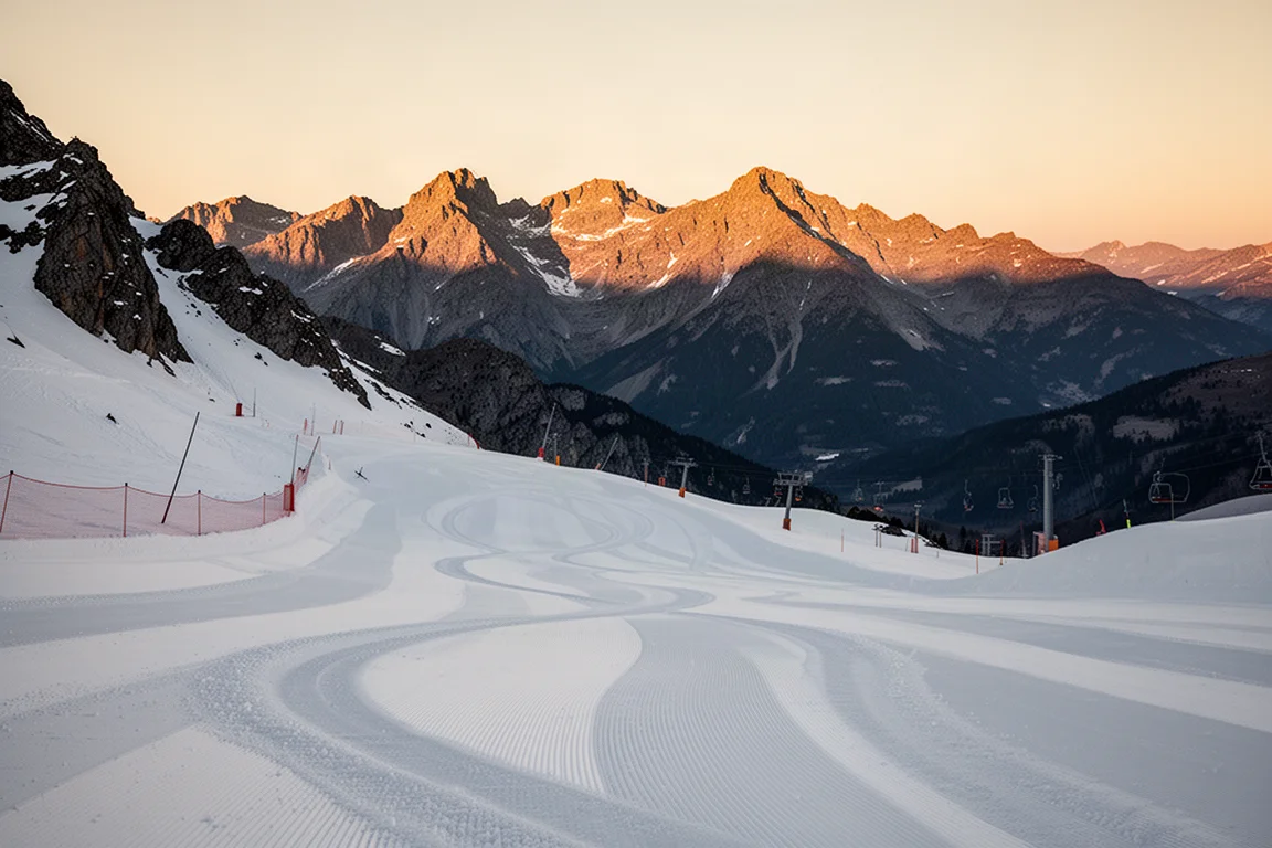 Pista alpina de alta montaña a la hora dorada con largos rastros de giros barridos en el corduroy fresco