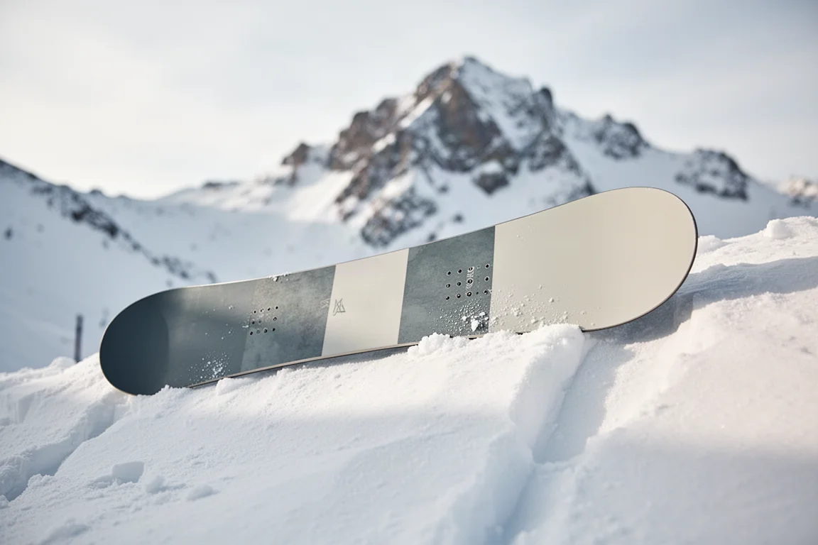 Directional pin tail snowboard resting against a snowbank at a high alpine resort