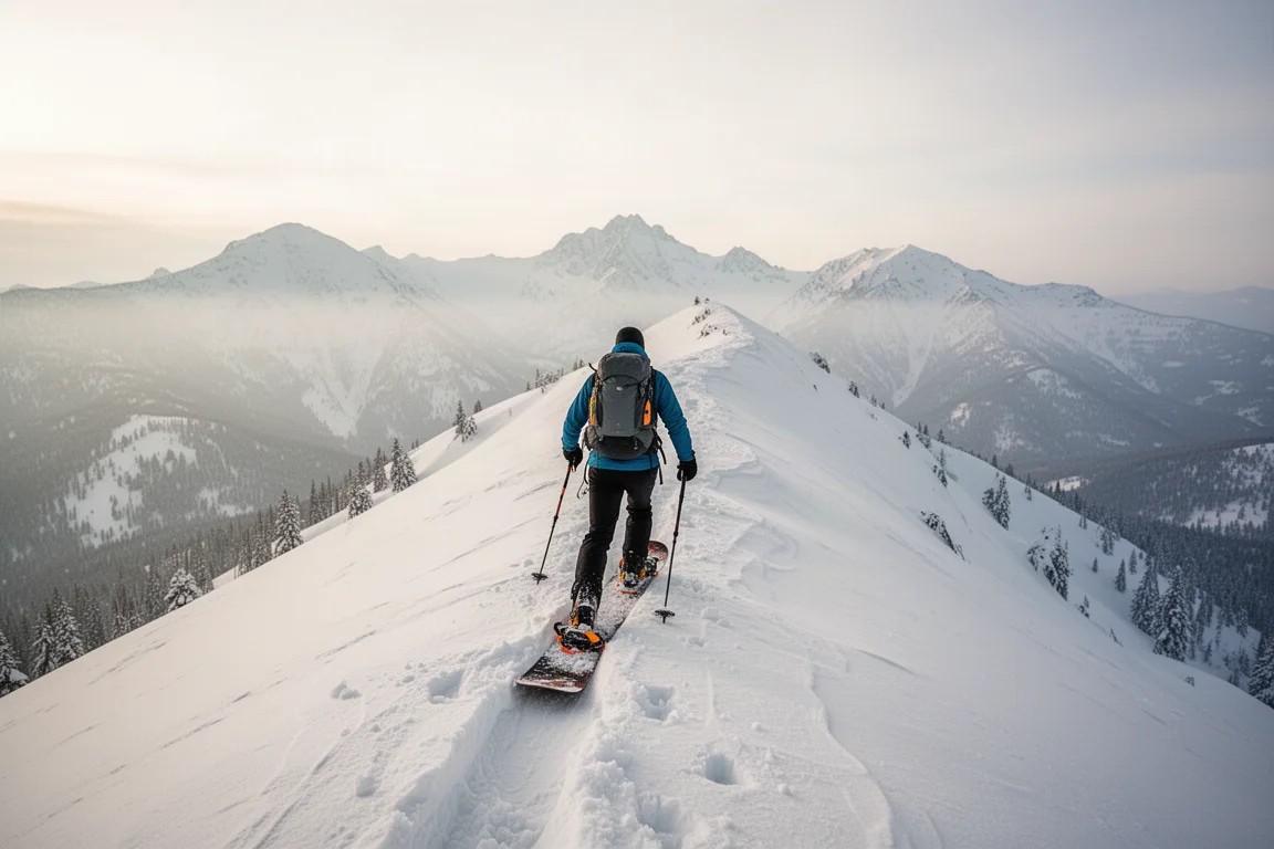Splitboarder steigt bei sanftem Morgenlicht einen verschneiten Backcountry-Kamm hinauf