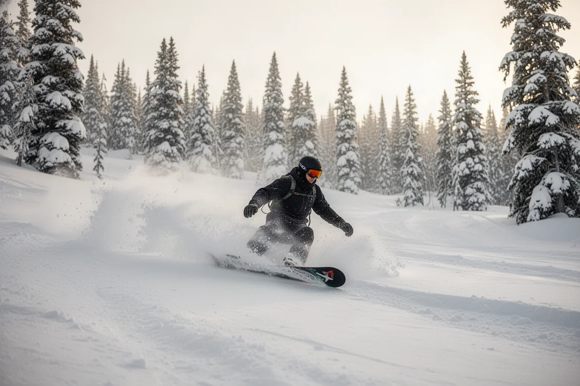 Splitboard mit Swallowtail carvt durch tiefen Pulver an einem baumgesäumten Hang