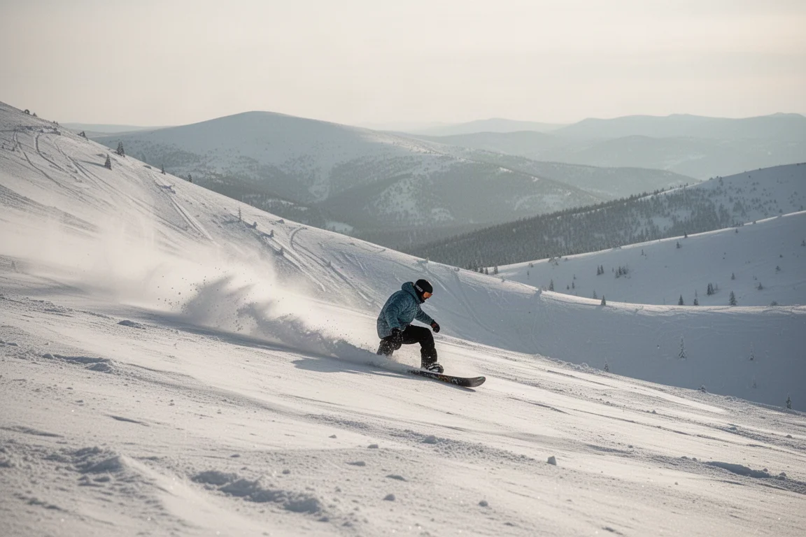 Snowboarder zieht einen lang gezogenen Powder-Turn über ein großes offenes Face