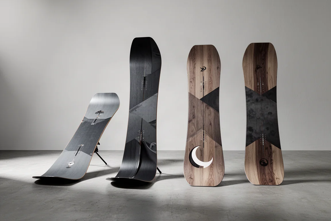 Vier Korua Splitboards nebeneinander auf einer betonierten Fläche