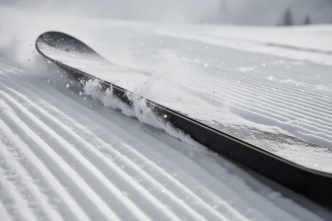 Snowboardkant som skär en skarp linje genom pisterad corduroy-snö