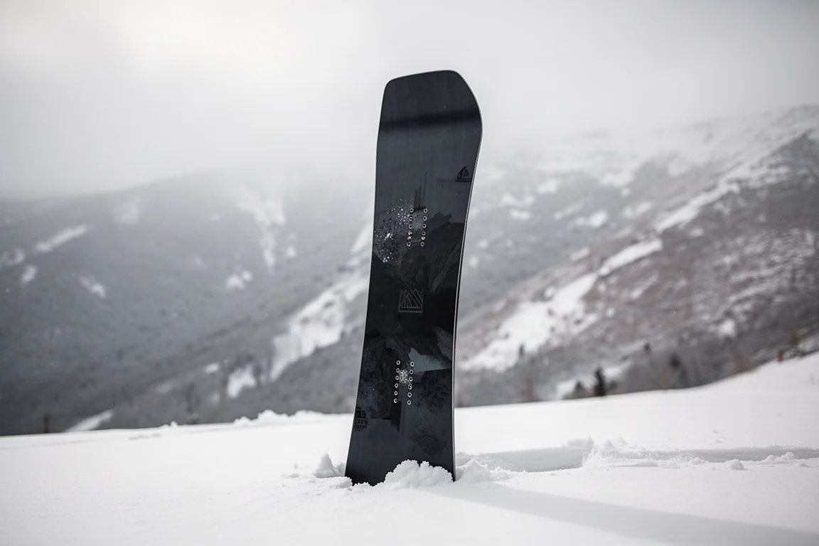 Agresywna deska snowboardowa all-mountain freestyle stojąca pionowo na ubitym śniegu