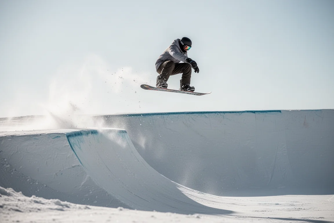 Snowboardeur s'élancant d'une buche naturelle dans un espace type snowpark