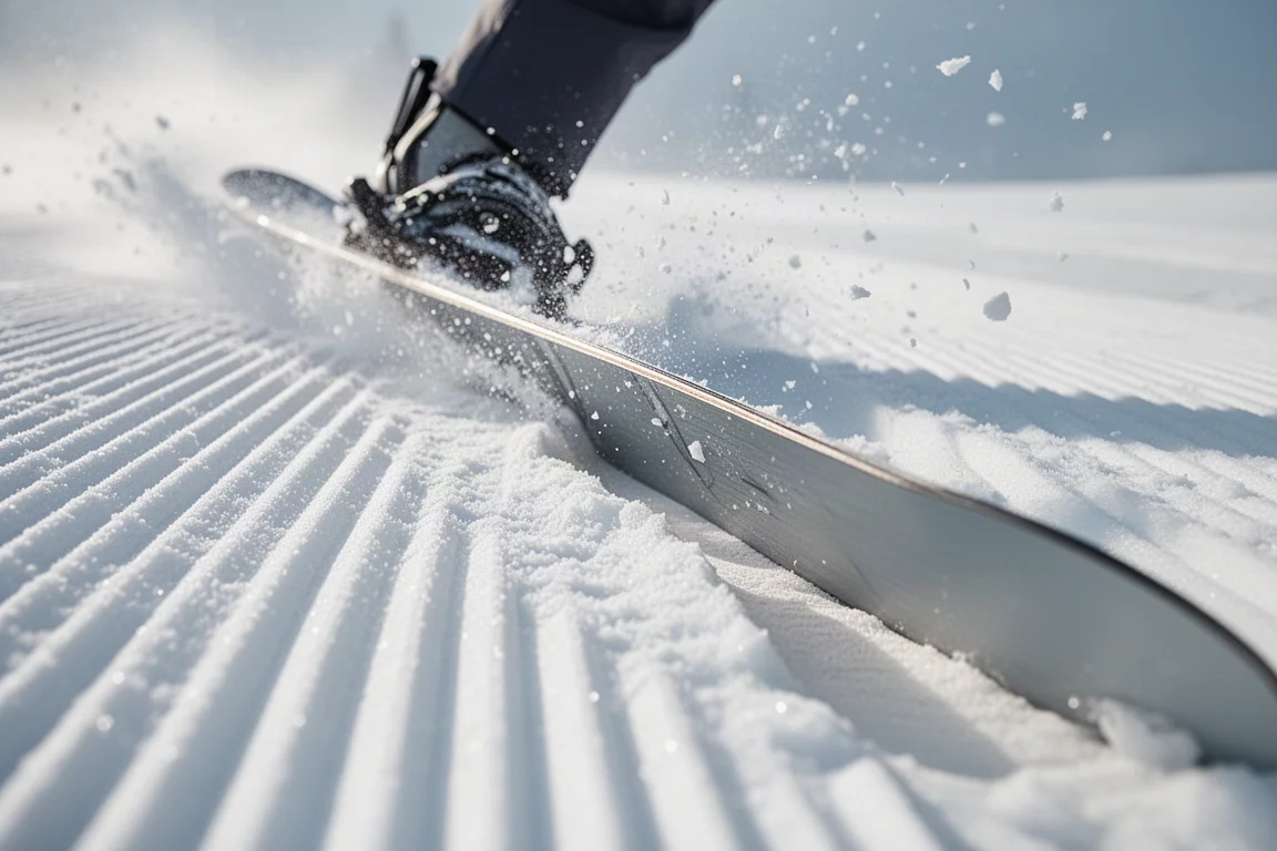 Gros plan sur le nose d'un snowboard posé sur un rail en lumière douce