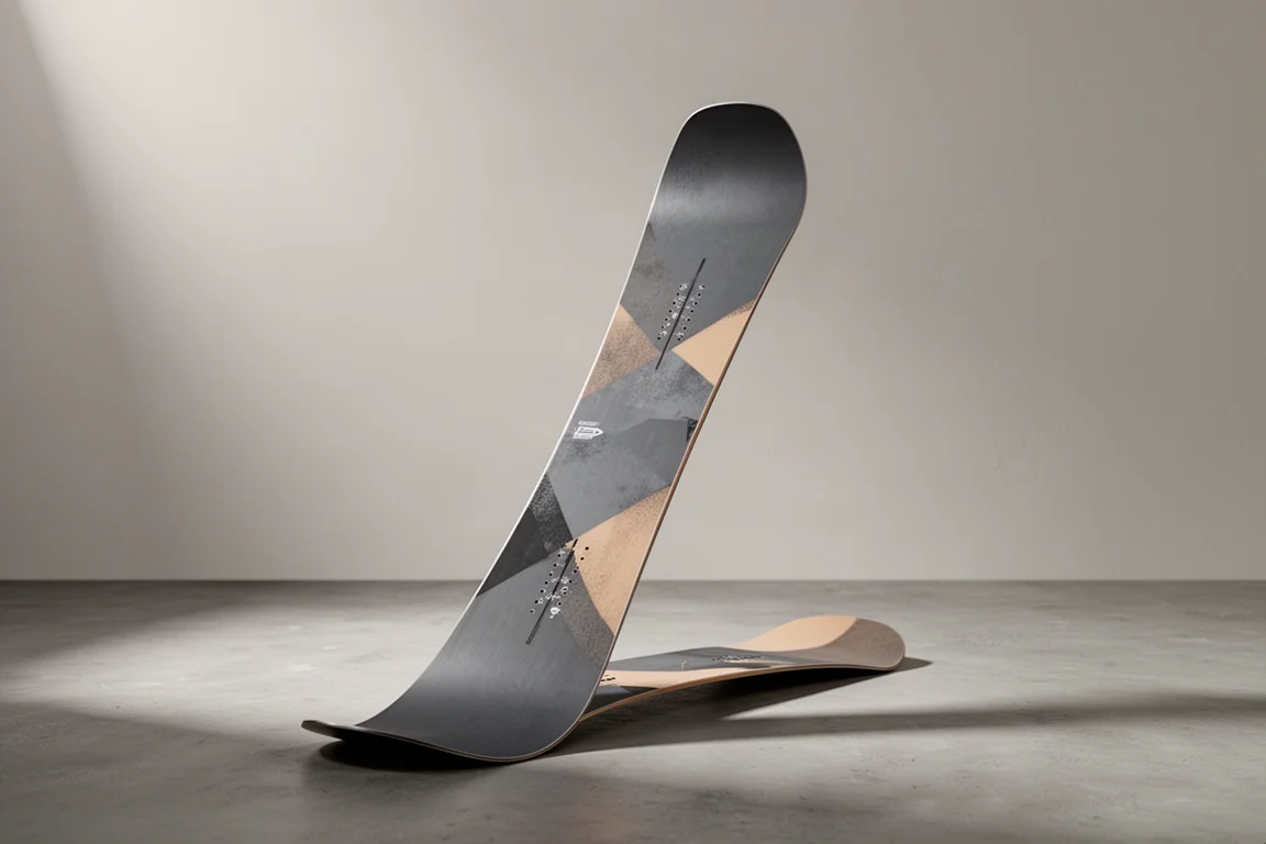 Planche de snowboard freeride directionnelle posée de biais sur un sol en béton