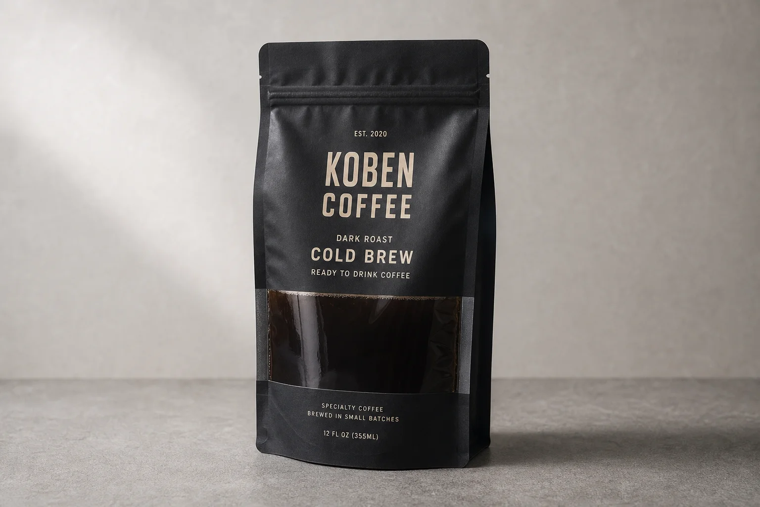 Five mushroom coffee products arranged on concrete surface